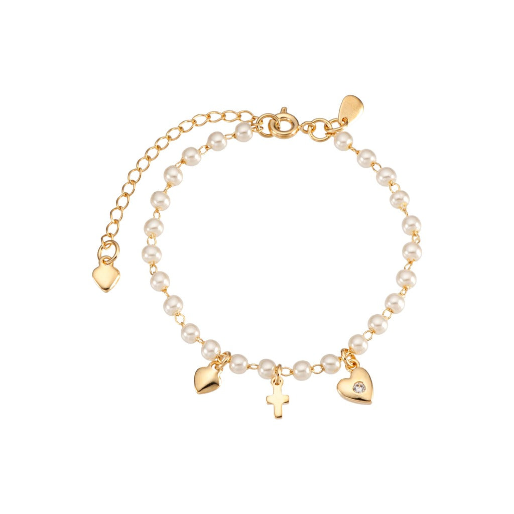 Armband mit Perlen und Anhängern in Herz- und Kreuzform, vergoldet mit 18 Karat Gold