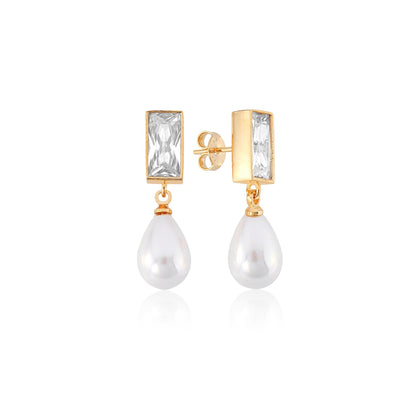 18K vergoldeter Tropfen-Ohrring mit Perle und rechteckigem Kristall