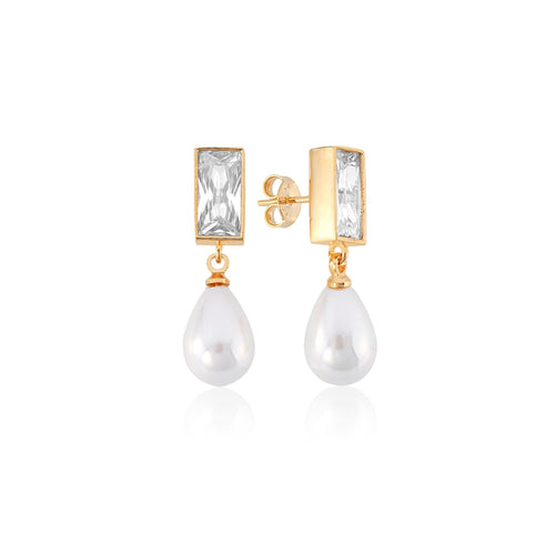 18K vergoldeter Tropfen-Ohrring mit Perle und rechteckigem Kristall