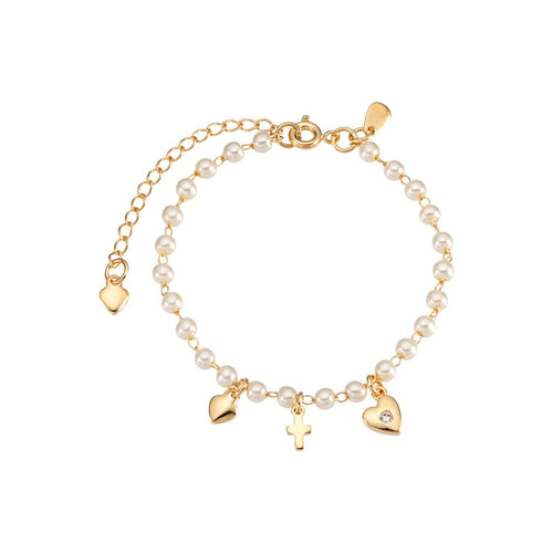Armband mit Perlen und Anhängern in Herz- und Kreuzform, vergoldet mit 18 Karat Gold