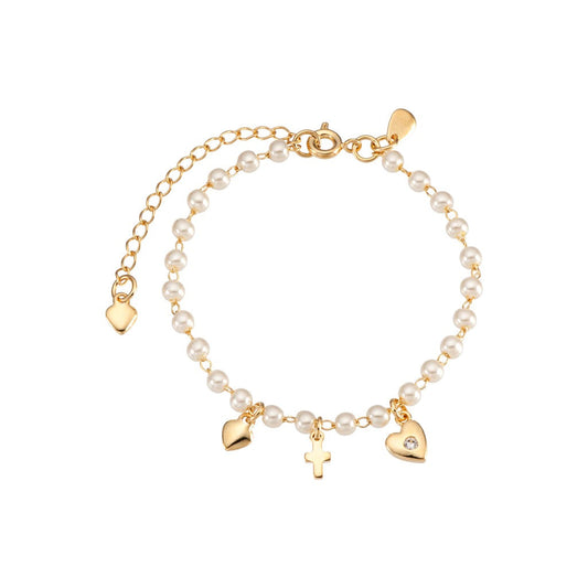 Armband mit Perlen und Anhängern in Herz- und Kreuzform, vergoldet mit 18 Karat Gold