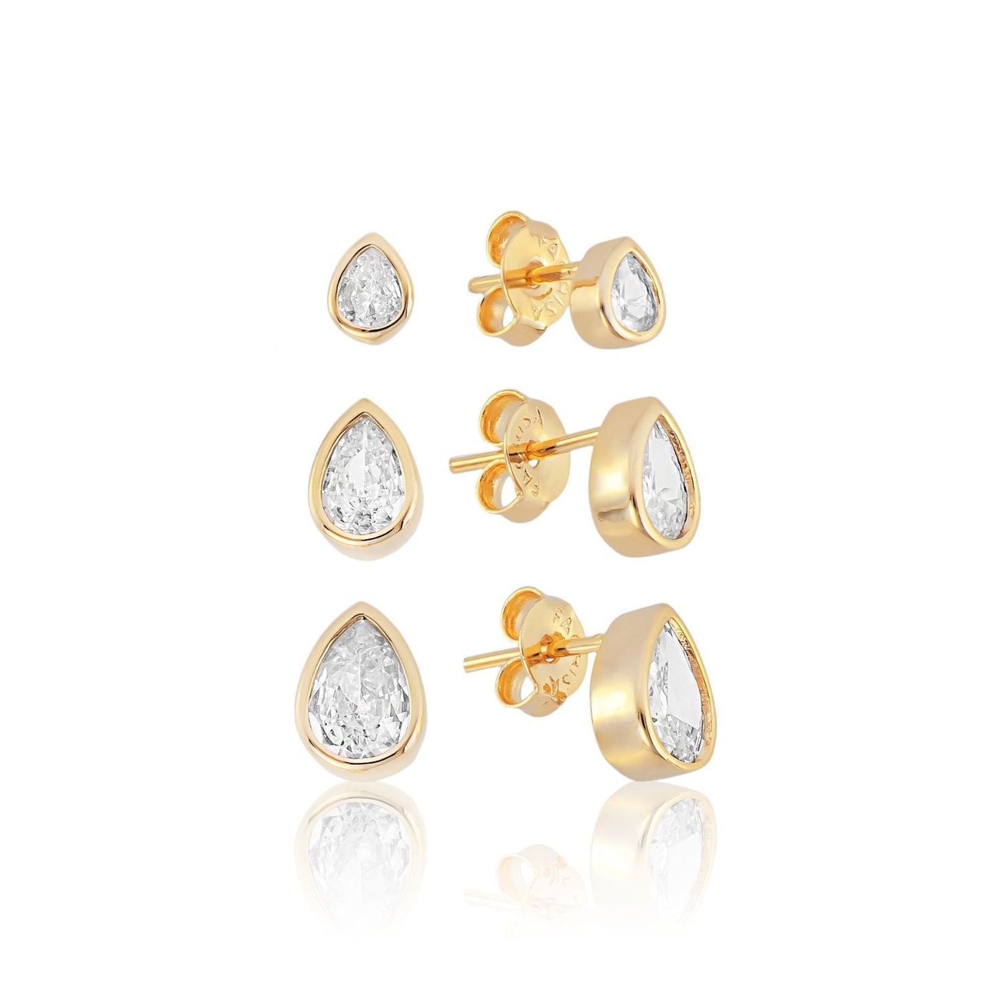 Trio de Brincos Gota com Zircônias Banhado a Ouro 18k