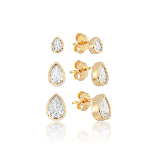 Trio de Brincos Gota com Zircônias Banhado a Ouro 18k