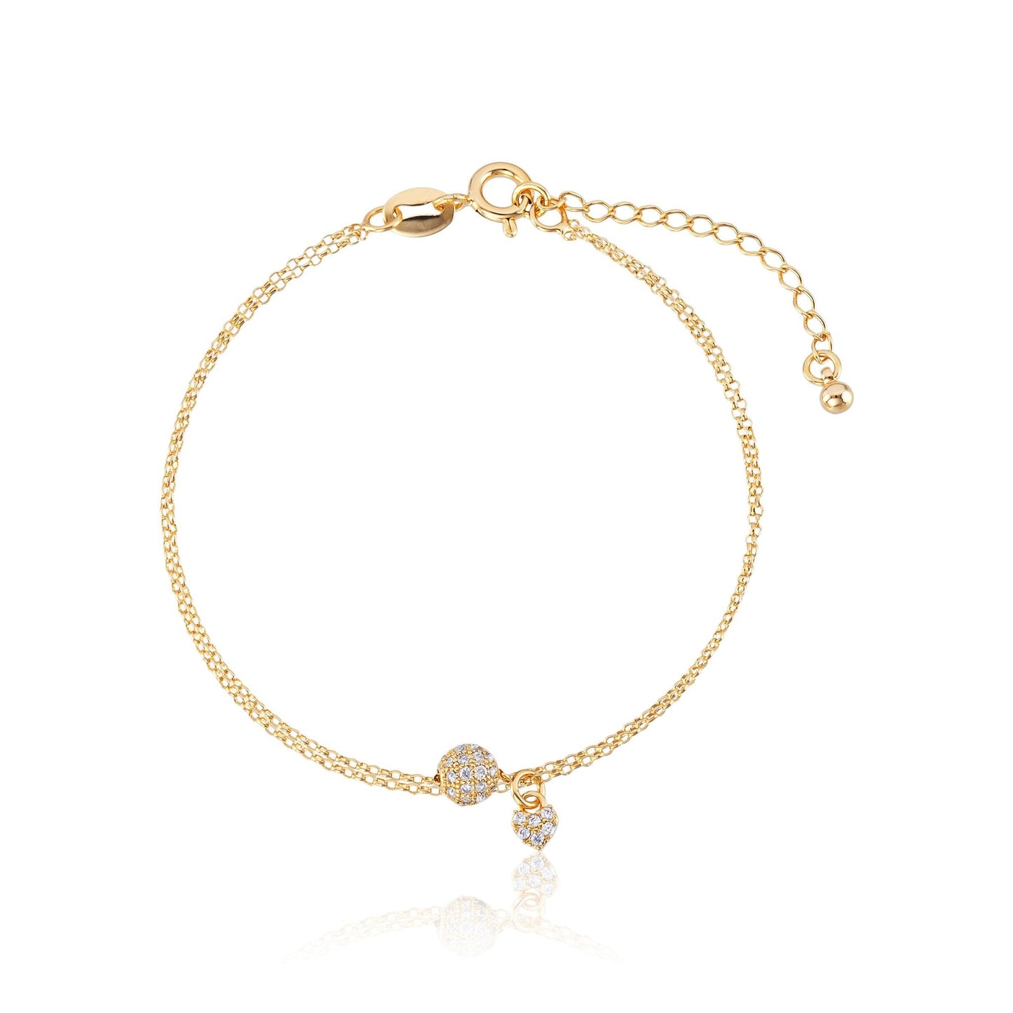 Zartes Armband mit Herz und besetzter Kugel, vergoldet mit 18k Gold