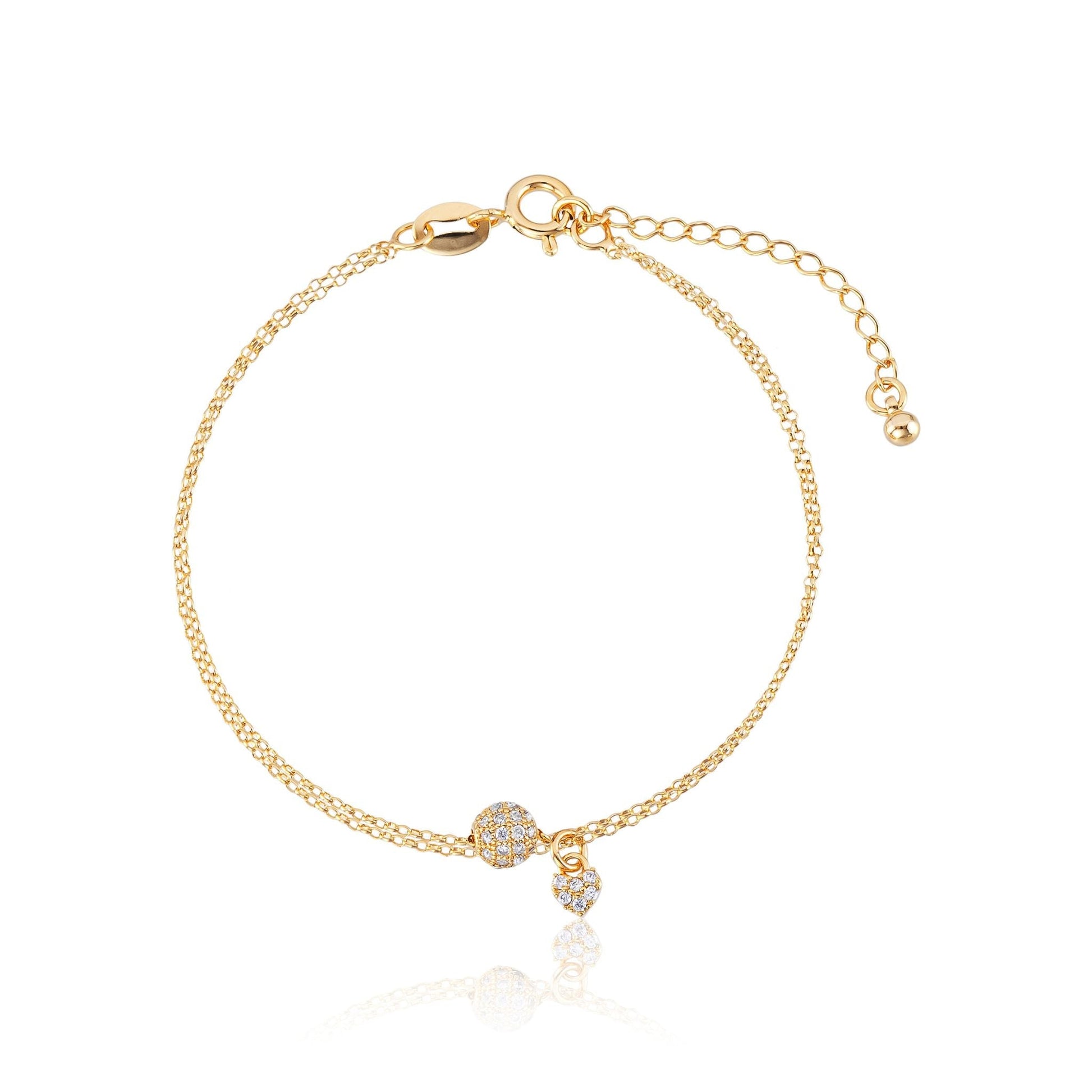Zartes Armband mit Herz und besetzter Kugel, vergoldet mit 18k Gold